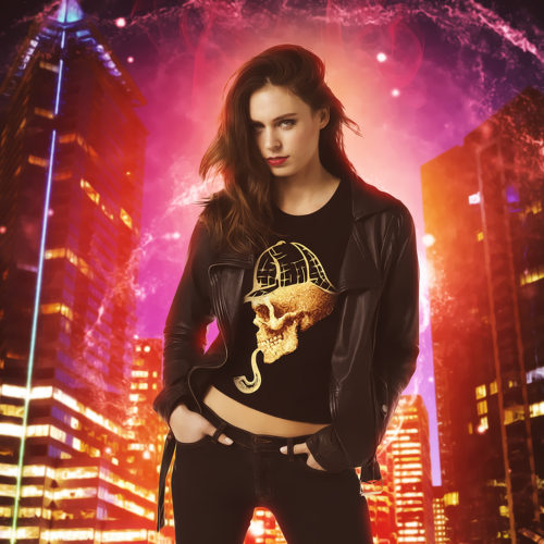 Excerpt from cover of Blood & Ash. A woman in a black leather jacket with a skull T-shirt. The skull wears a Sherlock Holmes hat.