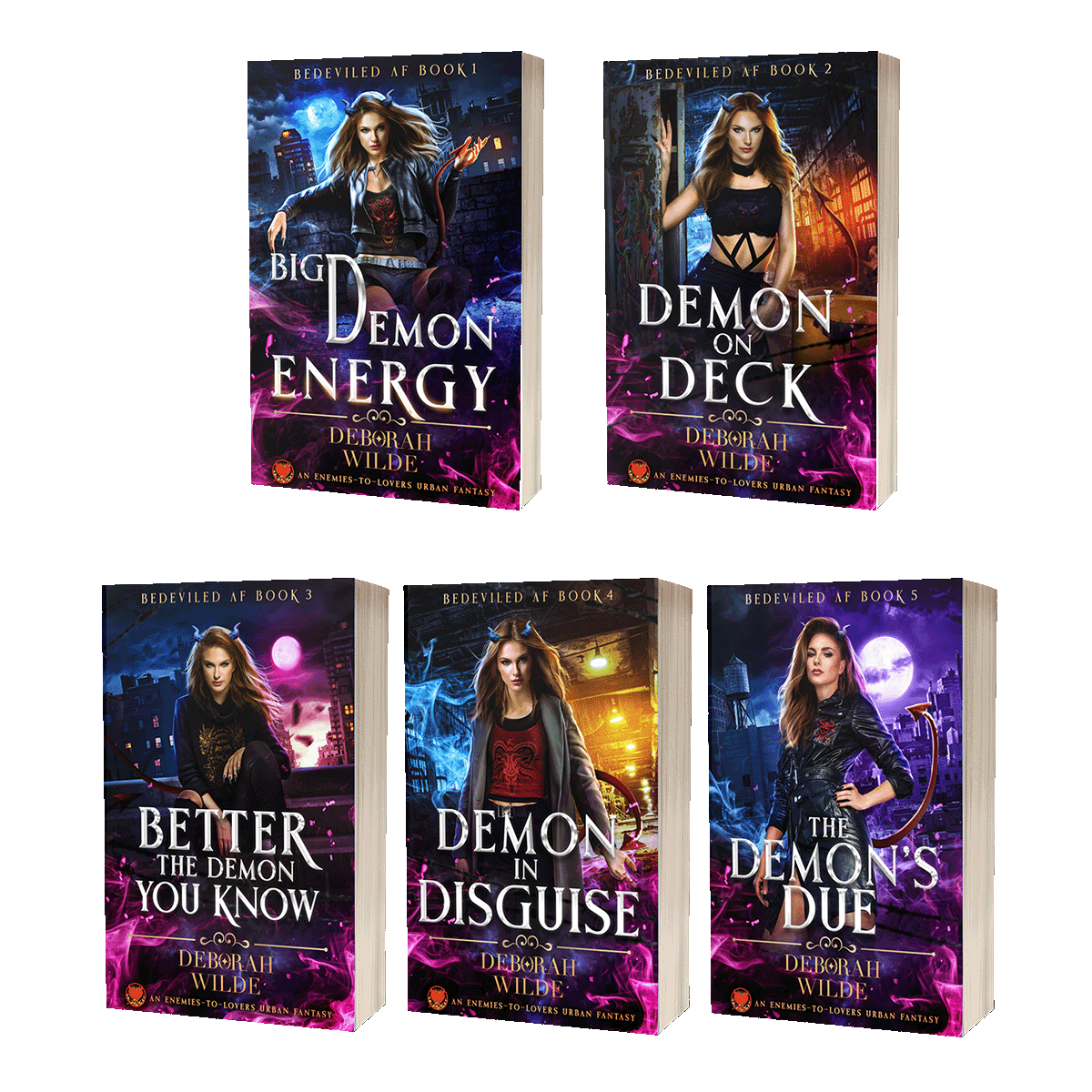 5 book covers in Bedeviled AF urban fantasy series