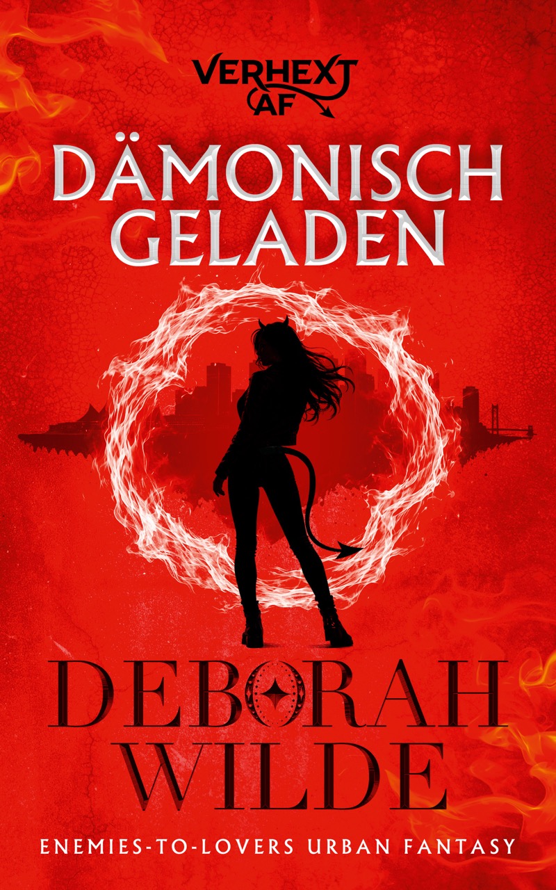 Roter Buchdeckel für Dämonisch geladen mit der Silhouette einer Frau mit Hörnern und einem Schwanz.