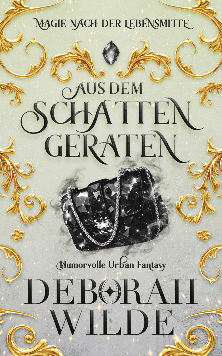 Urban-Fantasy-Buchcover zu „Aus dem Schatten geraten“ von Deborah Wilde: Heller, glitzernder Hintergrund mit goldenen Verzierungen und einer rauchenden, diamantenbesetzten schwarzen Handtasche im Zentrum.
