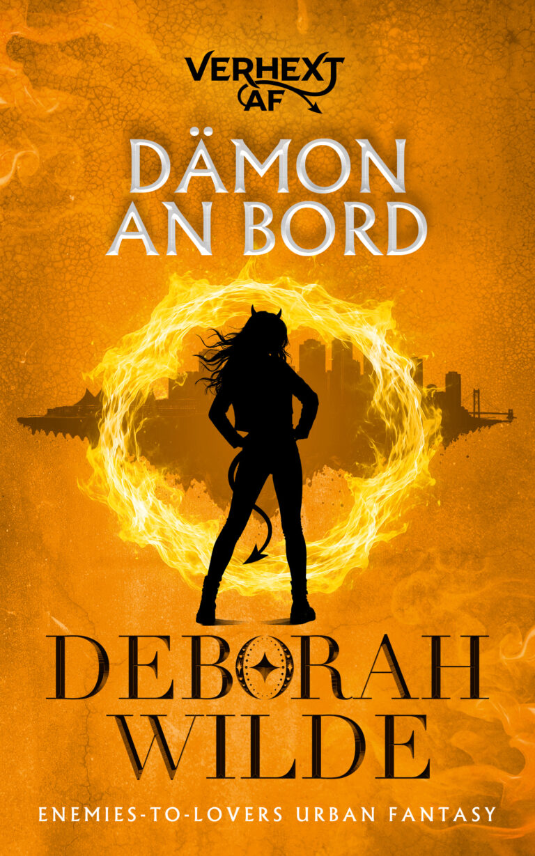 Dämon an Bord book cover. A silhouette of a woman on a burnt yellow cover.
